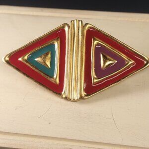 Vintage 90's Geometric Colorblock Enamel Double Triangle Brooch Pin Gold Tone